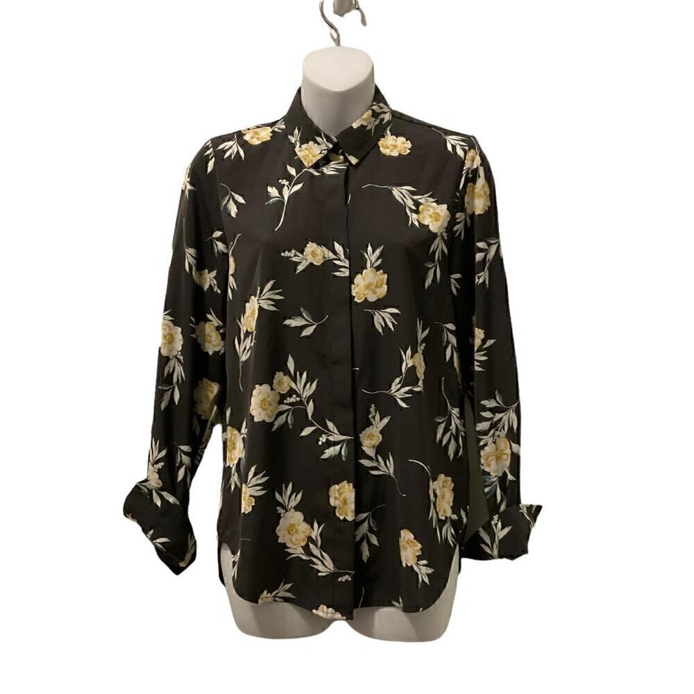 H&M whimsigoth black floral Button Down Blouse